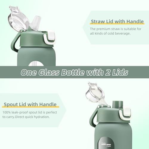 chunmo 32 oz Glass Water Bottles with 2 Lids-Handle Spout Lid & Straw Lid, 1 Liter Motivational Borosilicate Water Bottle with Time Marker and Silicone Sleeve,Leakproof-Olive-1 Pack - Image 2