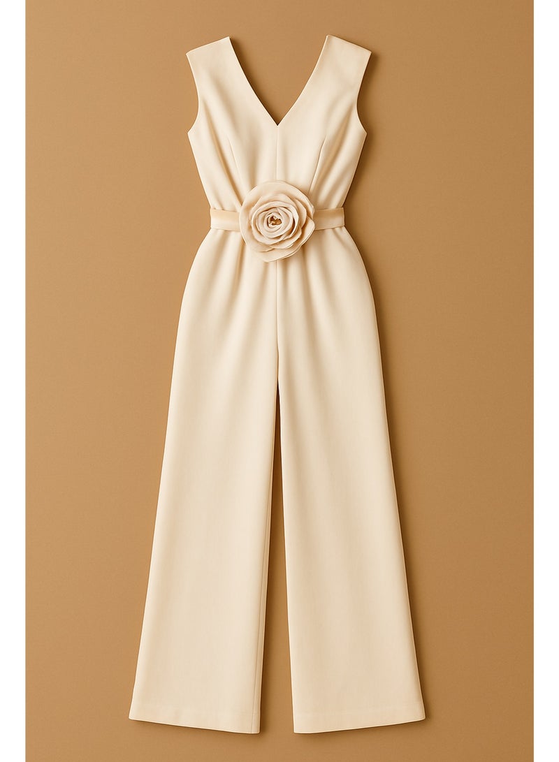 CHEVALIER FASHION Beige Sleeveless Jumpsuit with Waist Flower Detail - Image 3