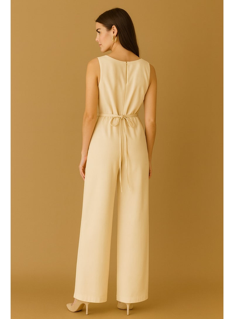 CHEVALIER FASHION Beige Sleeveless Jumpsuit with Waist Flower Detail - Image 2
