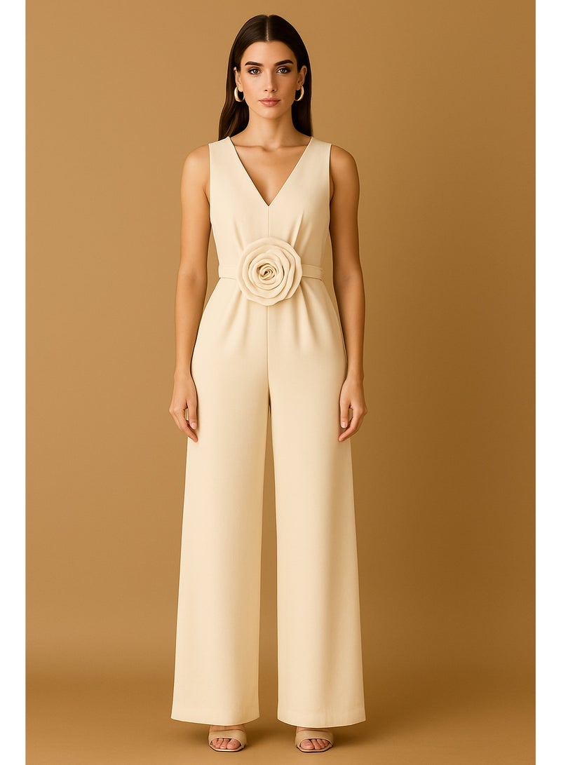 CHEVALIER FASHION Beige Sleeveless Jumpsuit with Waist Flower Detail - Image 1