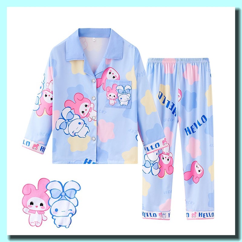 Girls Lapel Cardigan Pajamas Cute Cartoon Boys And Girls Loose Thin Home Clothes - Image 1