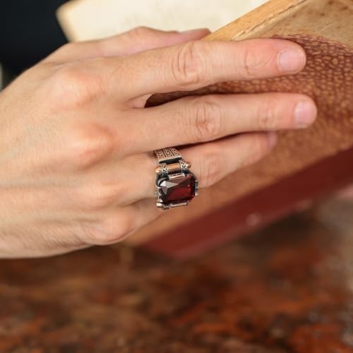 Babylon Silver Genuine Solid 925 Sterling Silver Ring for Men, Accented with Bronze, Faceted Simulated Red Ruby Stone, Vintage Turkish Ottoman Style (Simulated Ruby, 9) - Image 3
