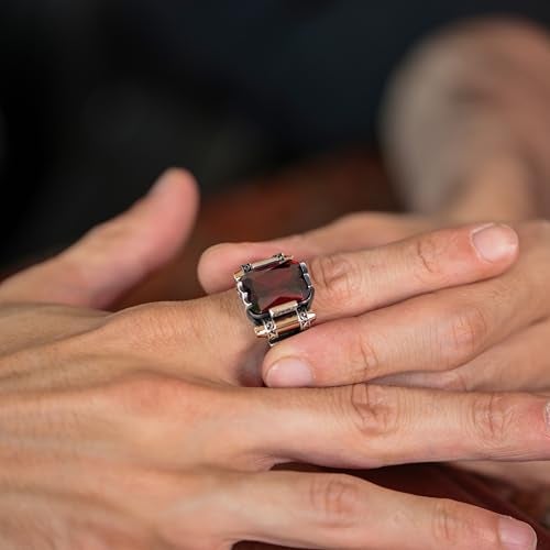 Babylon Silver Genuine Solid 925 Sterling Silver Ring for Men, Accented with Bronze, Faceted Simulated Red Ruby Stone, Vintage Turkish Ottoman Style (Simulated Ruby, 9) - Image 2