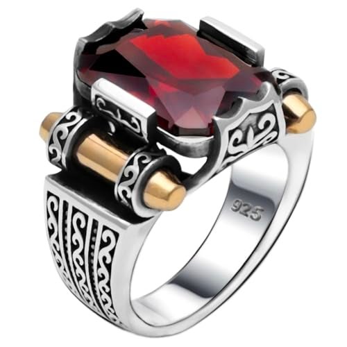 Babylon Silver Genuine Solid 925 Sterling Silver Ring for Men, Accented with Bronze, Faceted Simulated Red Ruby Stone, Vintage Turkish Ottoman Style (Simulated Ruby, 9) - Image 1
