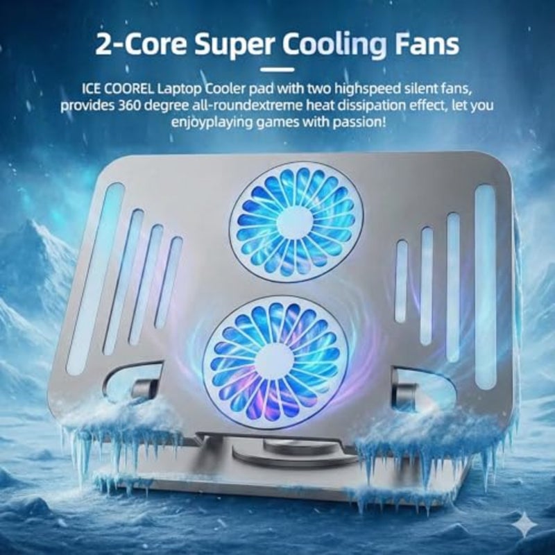Gaming laptop cooling pad for 12-15.6 inch notebooks, space silver aluminum riser with adjustable height and 360 rotation upgraded dual-fan design - Image 2