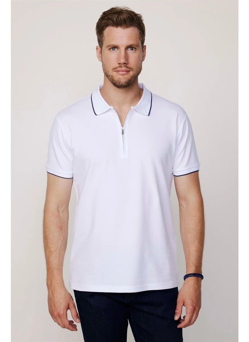 Tudors Men's Slim Fit Narrow Cut Cotton Plain Pique Zippered White Polo Neck T-Shirt