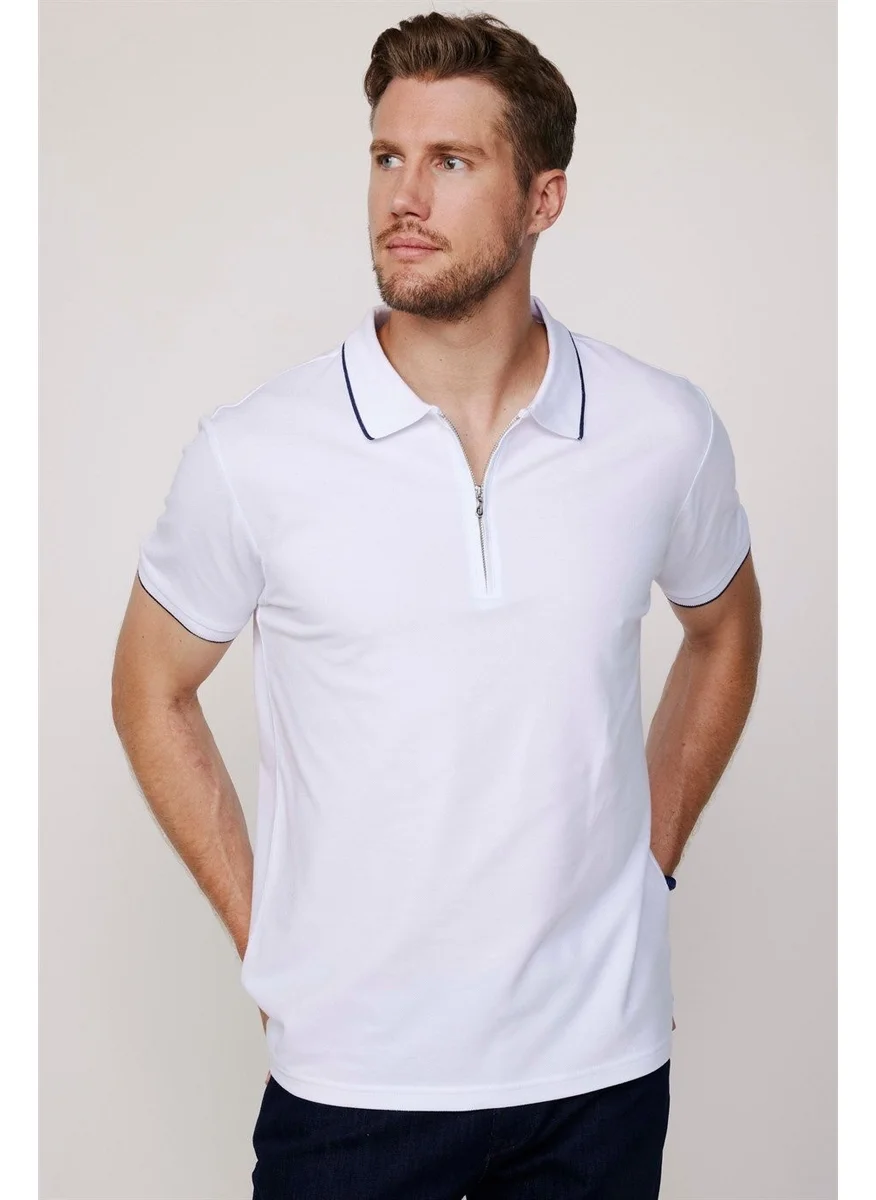 Tudors Men's Slim Fit Narrow Cut Cotton Plain Pique Zippered White Polo Neck T-Shirt