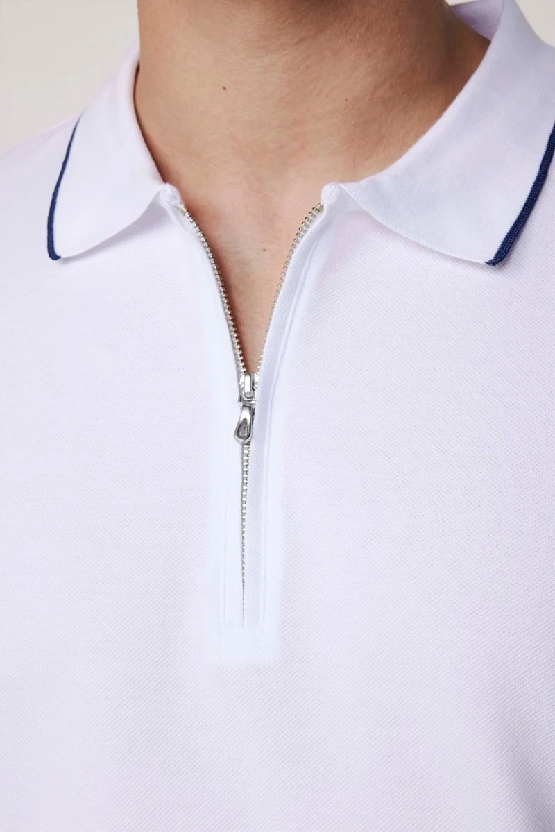 تودورس Men's Polo Neck Slim Fit Cotton Zipper Pique White T-Shirt