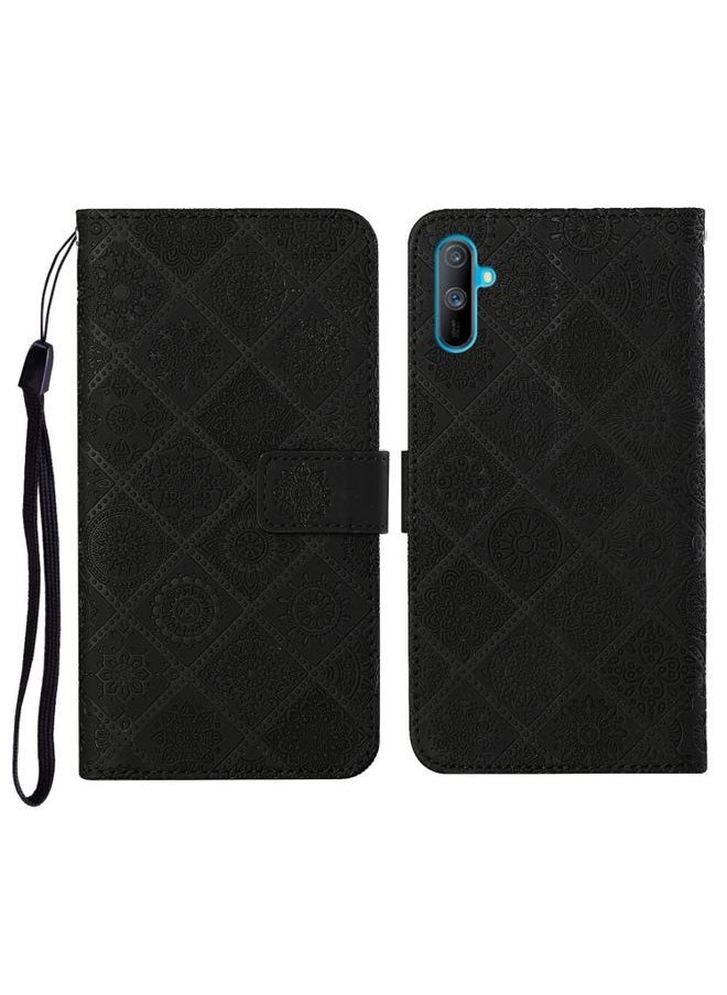 HuHa Case Cover For Realme C3 Ethnic Style Embossed Pattern Horizontal Flip Leather Case with Holder & Card Slots & Wallet & Lanyard Black 