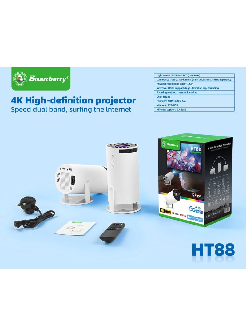 سمارت باري جهاز العرض المحمول Smartbarry HT88 4K Ultra HD متعدد الوسائط – جهاز عرض ذكي بنظام أندرويد مع واي فاي مزدوج النطاق، عدسة بصرية عالية الجودة، اتصالات HDMI وUSB، جهاز عرض منزلي مدمج للأفلام والألعاب والعروض التقديمية - Image 4