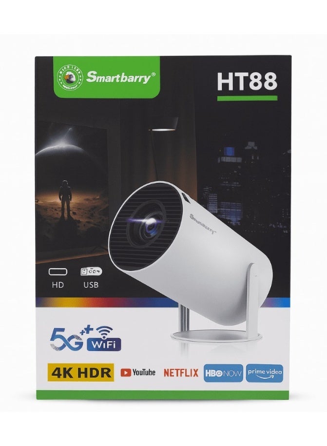 سمارت باري جهاز العرض المحمول Smartbarry HT88 4K Ultra HD متعدد الوسائط – جهاز عرض ذكي بنظام أندرويد مع واي فاي مزدوج النطاق، عدسة بصرية عالية الجودة، اتصالات HDMI وUSB، جهاز عرض منزلي مدمج للأفلام والألعاب والعروض التقديمية - Image 1