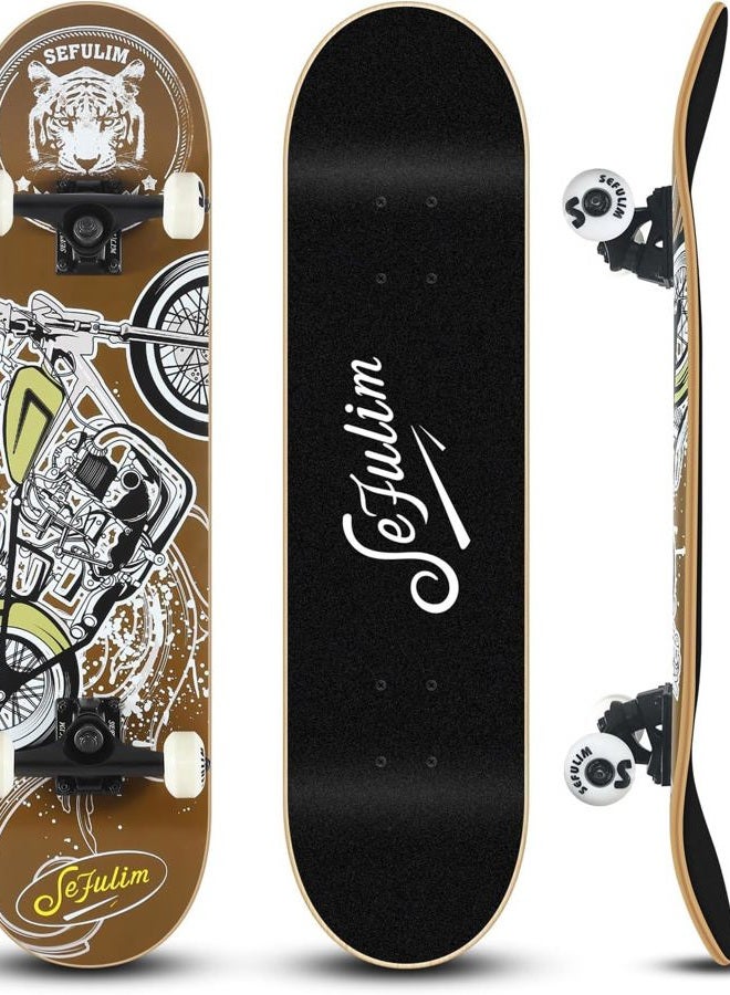 Sefulim 31 x 8 Inch Complete Skateboard 7 Layer Canadian Maple Double Kick Deck Concave Cruiser Trick Skateboard for Boys Girls Teens Adults Beginner (AI Boy) (Motorcycle) - Image 1