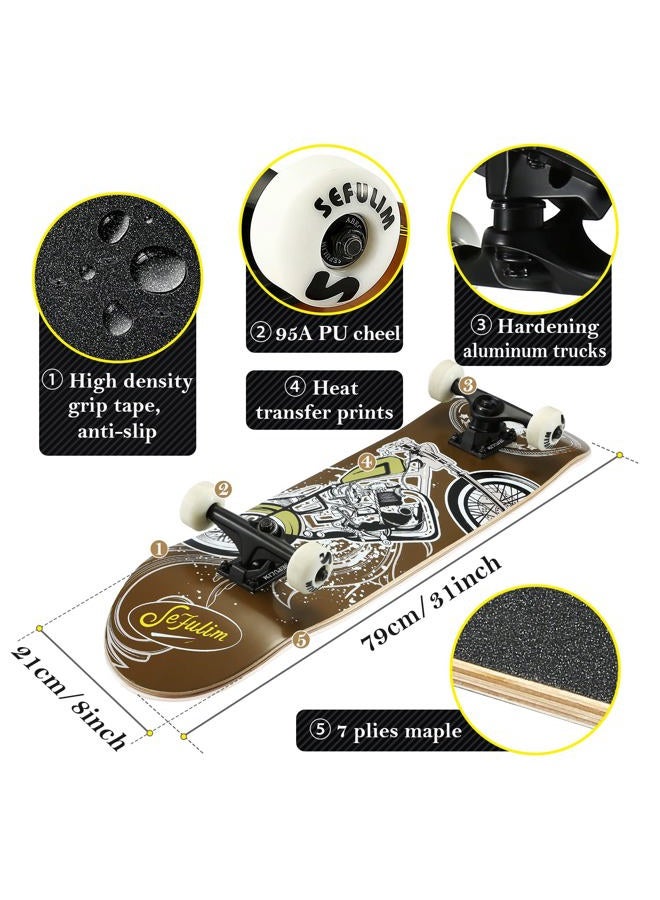 Sefulim 31 x 8 Inch Complete Skateboard 7 Layer Canadian Maple Double Kick Deck Concave Cruiser Trick Skateboard for Boys Girls Teens Adults Beginner (AI Boy) (Motorcycle) - Image 3
