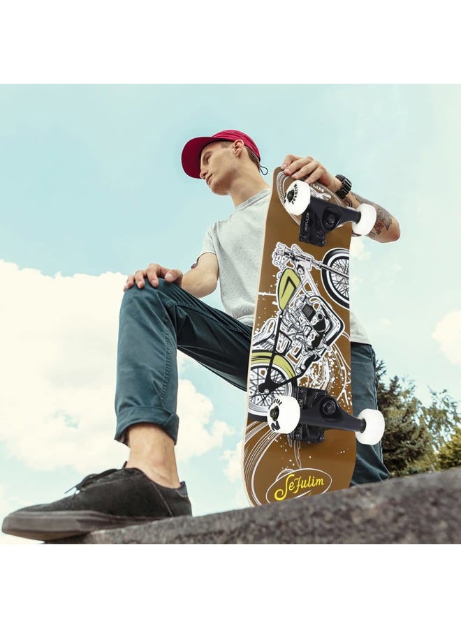 Sefulim 31 x 8 Inch Complete Skateboard 7 Layer Canadian Maple Double Kick Deck Concave Cruiser Trick Skateboard for Boys Girls Teens Adults Beginner (AI Boy) (Motorcycle) - Image 4