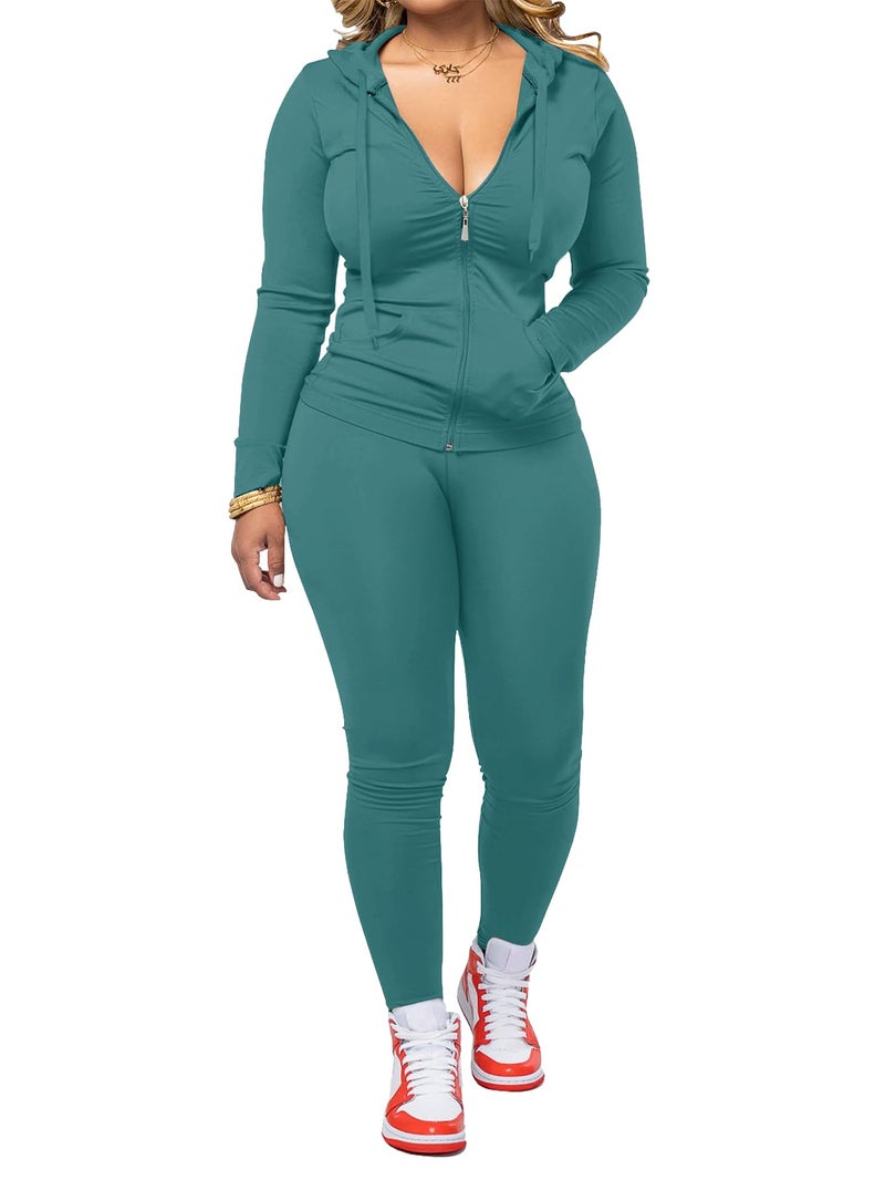 AUXDIO Women 2 Piece Outfits Casual Workout Sets Bodycon Tracksuit Zip Up Long Sleeve Hoodle Jacket Jogger Pants Set Blue S - Image 1