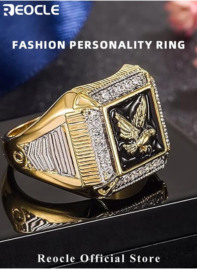 REOCLE - Men's Zircon Ring with Gold Eagle Band & Diamond Inlaid Vintage Hawk Eagle Ring Luxury Rings for Father Dad and Gentlemen as Gifts - Image 1