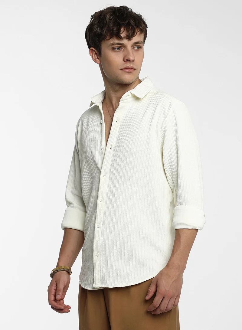 CAHOOT  Men's Pale Yellow Stripe-Creased Shirt For Casual Wear | Spread Collar | Long Sleeve | Button Closure | Shirt Crafted With Comfort Fit For Everyday Wear for Men | Best Price UAE