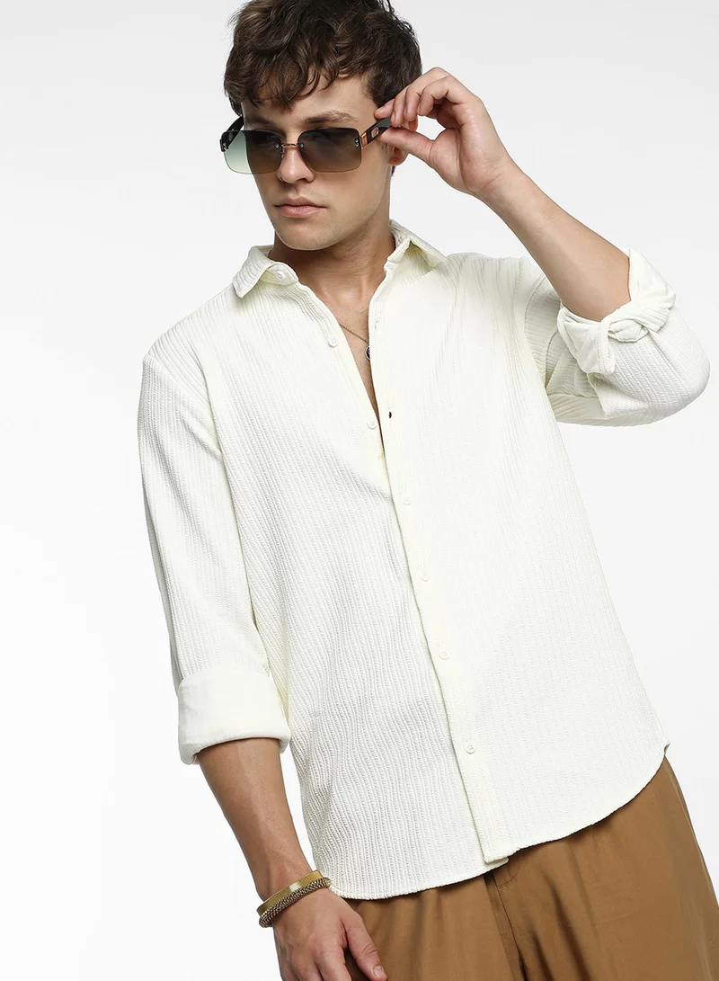 Campus Sutra Men's Pale Yellow Stripe-Creased Shirt For Casual Wear | Spread Collar | Long Sleeve | Button Closure | Shirt Crafted With Comfort Fit For Everyday Wear