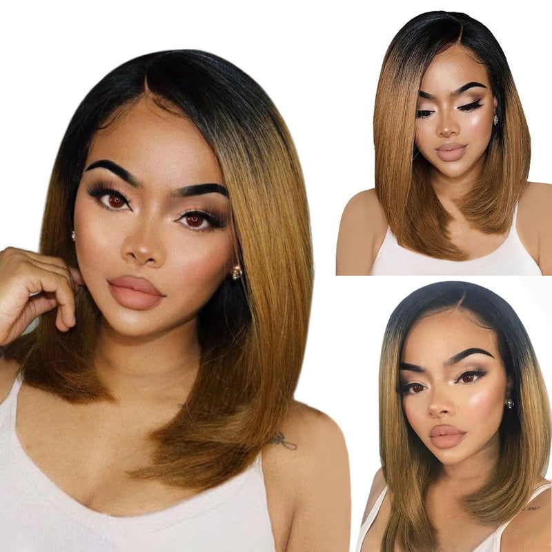 MIMAN 12 Inch Shoulder Length Ombre Brown Bob Wigs for Women Small Lace Front Wigs Middle Part Straight Natural Synthetic Hair Replacement Wigs