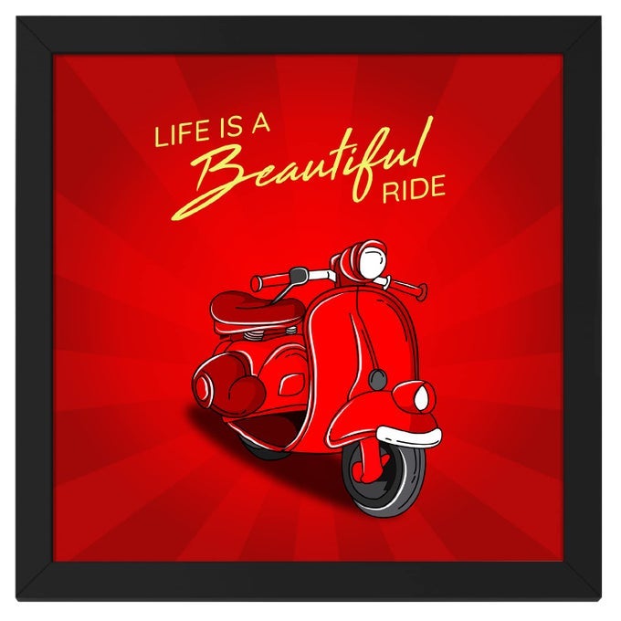 RITWIKAS ABSTRACT WALL ART OF RED SCOOTER WITH LIFE IS BEAUTIFUL RIDE QUOTE PERFECT FOR HOME OFFICE DECOR DIGITAL PRINT WITH FRAME 135 INCH X 135 INCH PAINTING 01 RED SCOOTER