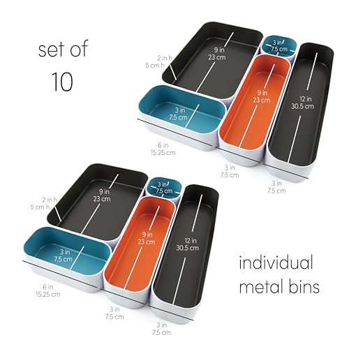 Three by Three Seattle 10 Piece Metal Organizer Tray Set for Storing Makeup, Stationery, Utensils, and More in Office Desk, Kitchen and Bathroom Drawers (2 Inch, Multicolor) - Image 3