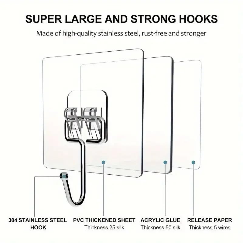 Style Keepers 10Pcs Large Adhesive Hooks for Hanging Heavy Duty, Self Adhesive Sticky Hooks Waterproof Oilproof Stainless Steel Wall Hooks for Home Bathroom Shower Kitchen Outdoor Utility Towel Keys Clear (10 Pack) - Image 2