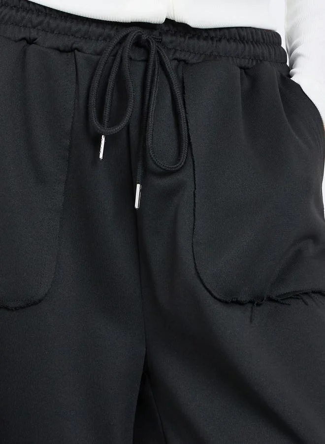 Styli Women Black Plain Wide Leg Joggers with Drawstring Waist