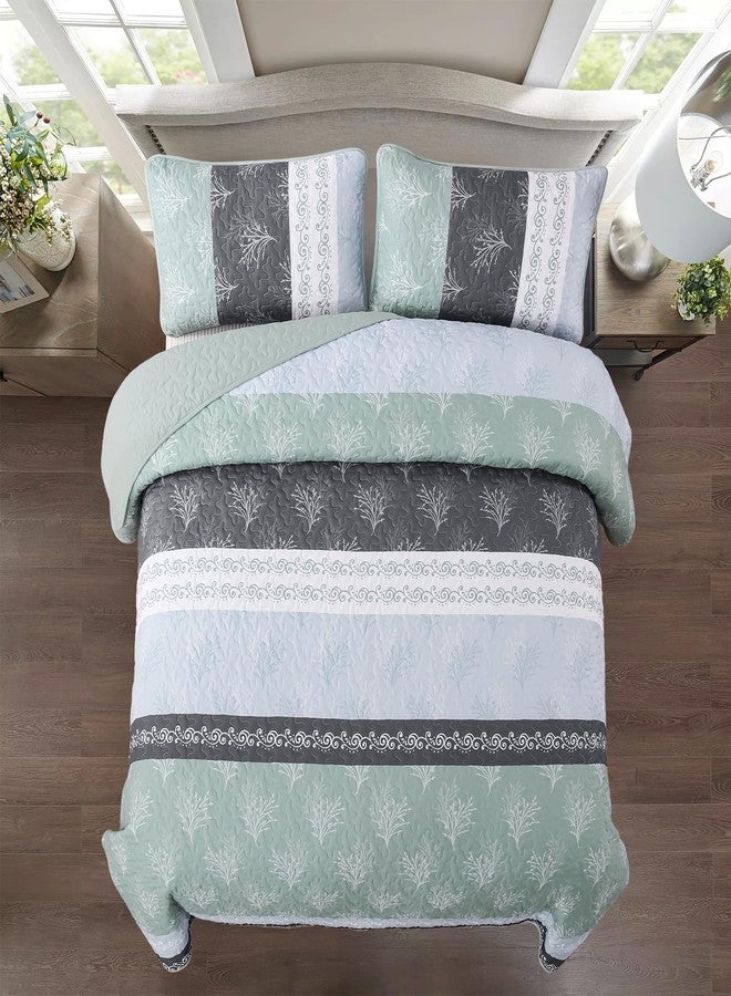 DJY Stripe Quilt Set King Size Sage Green Bedspread Coverlet Set 3 Pieces Boho Branch Floral Pattern Quilted Bedding Set, Soft Lightweight Bed Cover for All Season (110''x90'') - Image 3