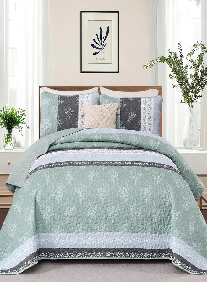 DJY Stripe Quilt Set King Size Sage Green Bedspread Coverlet Set 3 Pieces Boho Branch Floral Pattern Quilted Bedding Set, Soft Lightweight Bed Cover for All Season (110''x90'') - Image 2