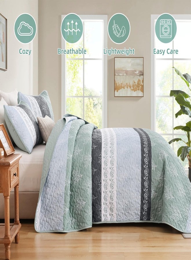 DJY Stripe Quilt Set King Size Sage Green Bedspread Coverlet Set 3 Pieces Boho Branch Floral Pattern Quilted Bedding Set, Soft Lightweight Bed Cover for All Season (110''x90'') - Image 4