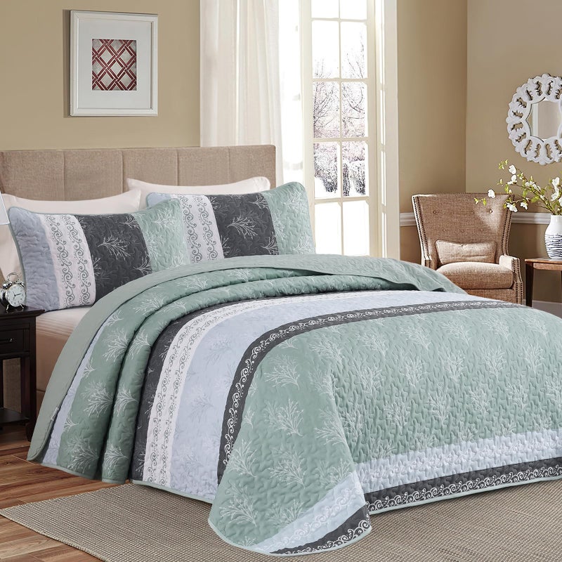DJY Stripe Quilt Set King Size Sage Green Bedspread Coverlet Set 3 Pieces Boho Branch Floral Pattern Quilted Bedding Set, Soft Lightweight Bed Cover for All Season (110''x90'') - Image 1