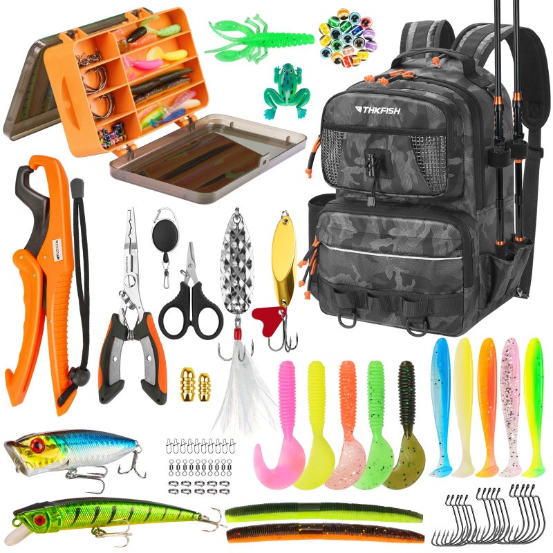 THKFISH Fishing Backpack with Tackle Boxes, 20L Waterproof Tackle Sling Bag with Lures Kit, Fish Lip Gripper, Pliers, Scissors, Fishing Gifts for Men Women - Image 1