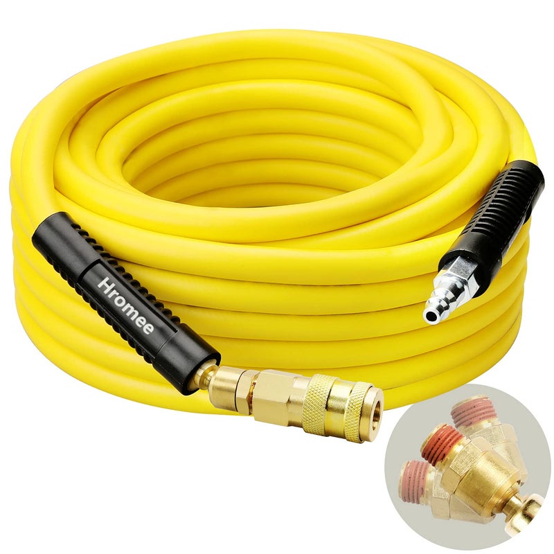 Hromee Air Compressor Hose 3/8 in x 50 ft Hybrid Rubber & PVC Hose with 1/4 in MNPT Swivel End Connector and Quick Universal Industrial Coupler & Plug Kit 300 PSI Yellow - Image 1