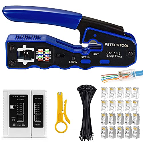 PETECHTOOL RJ45 Crimp Tool All-in-one Ethernet Crimping Tool Stripper Cutter for Pass Through Cat5 Cat6 Connectors with Cable Tester and Cat6 UTP and Shield Connectors and Black Cable Tie - Image 1