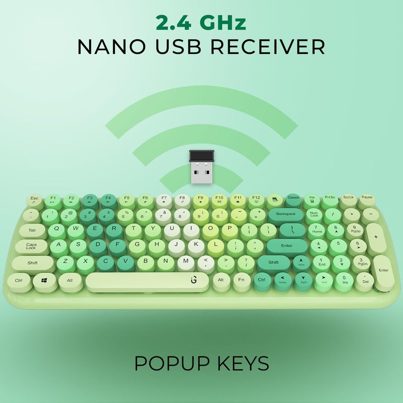 iGear KeyBee Retro Typewriter Inspired 2.4GHz Wireless Keyboard with Mouse Combo for Desktop/Laptop and Devices with USB Support, Single Nano Receiver, Round Keycaps, Cleaning Brush (White) (Green) - Image 3