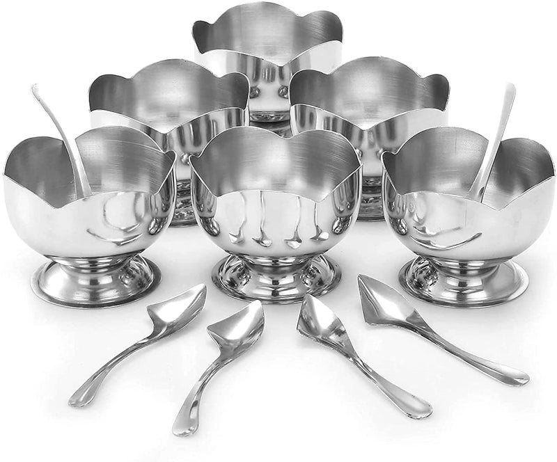 Dhaval Stainless Steel Dessert Cups Serving Bowls Set Flower Shape Ice Cream Fruit Pudding Bowls with Spoons Set of 6 150 ML - Image 1