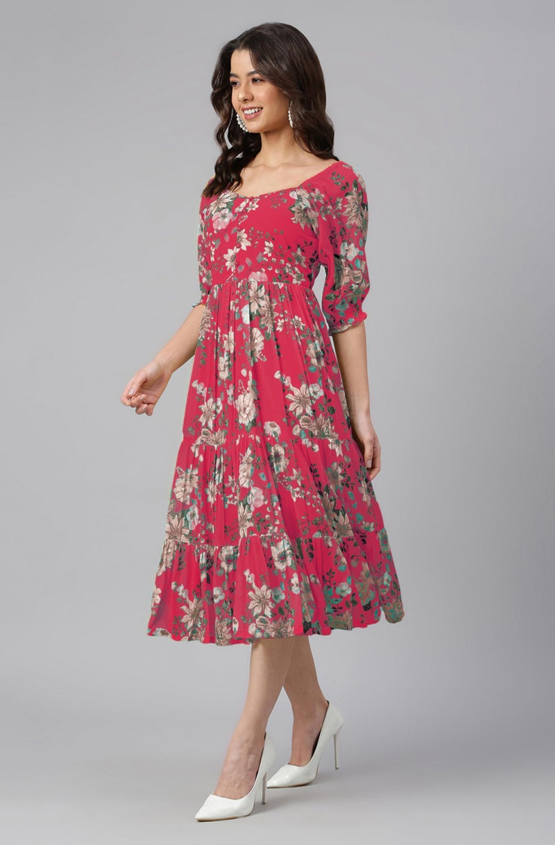Janasya Women's Pink Georgette Floral Printed Tiered Dress (JAC24DR01630-S) - Image 3