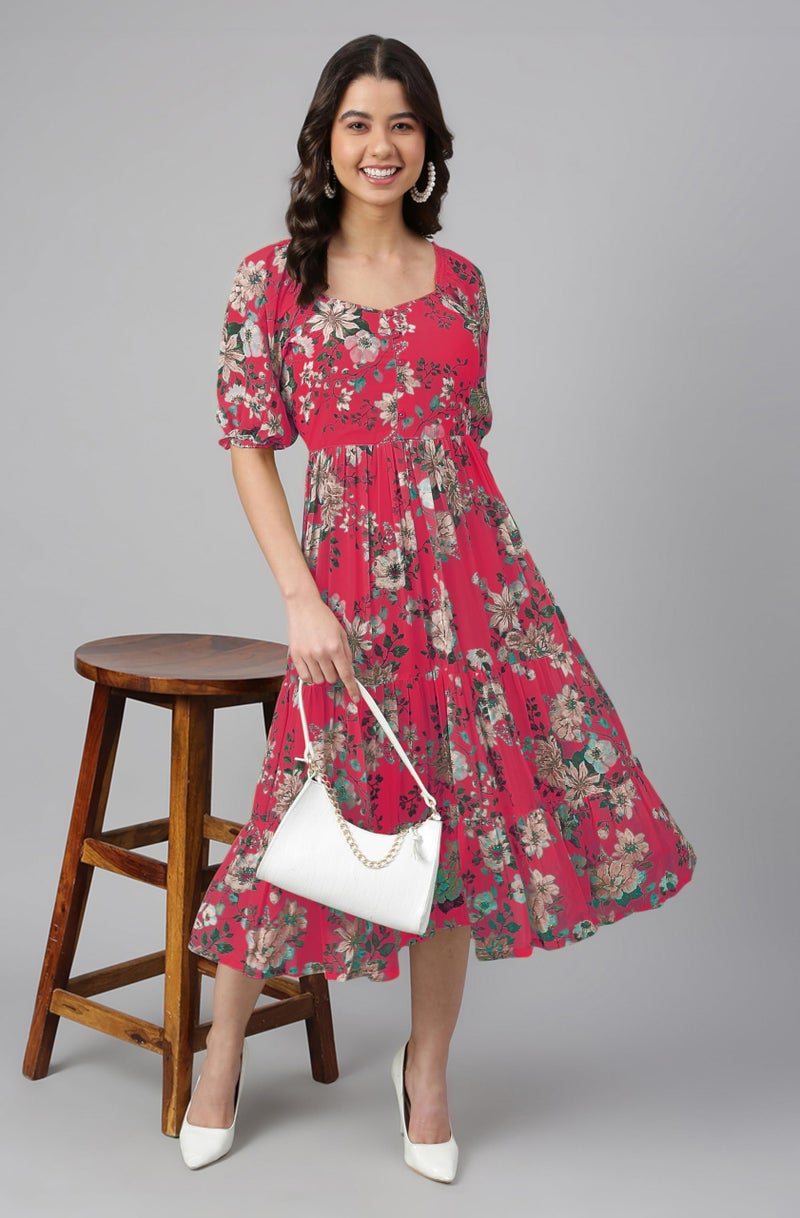 Janasya Women's Pink Georgette Floral Printed Tiered Dress (JAC24DR01630-S) - Image 2