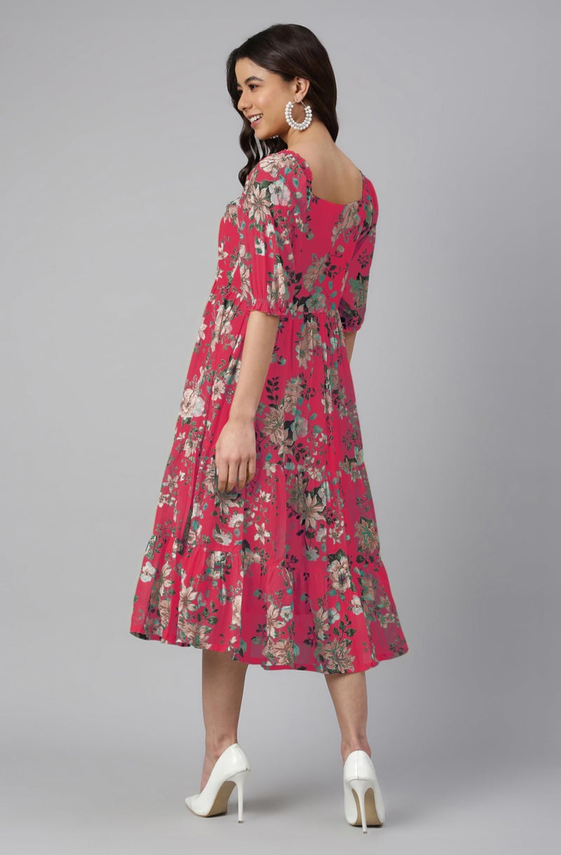 Janasya Women's Pink Georgette Floral Printed Tiered Dress (JAC24DR01630-S) - Image 5