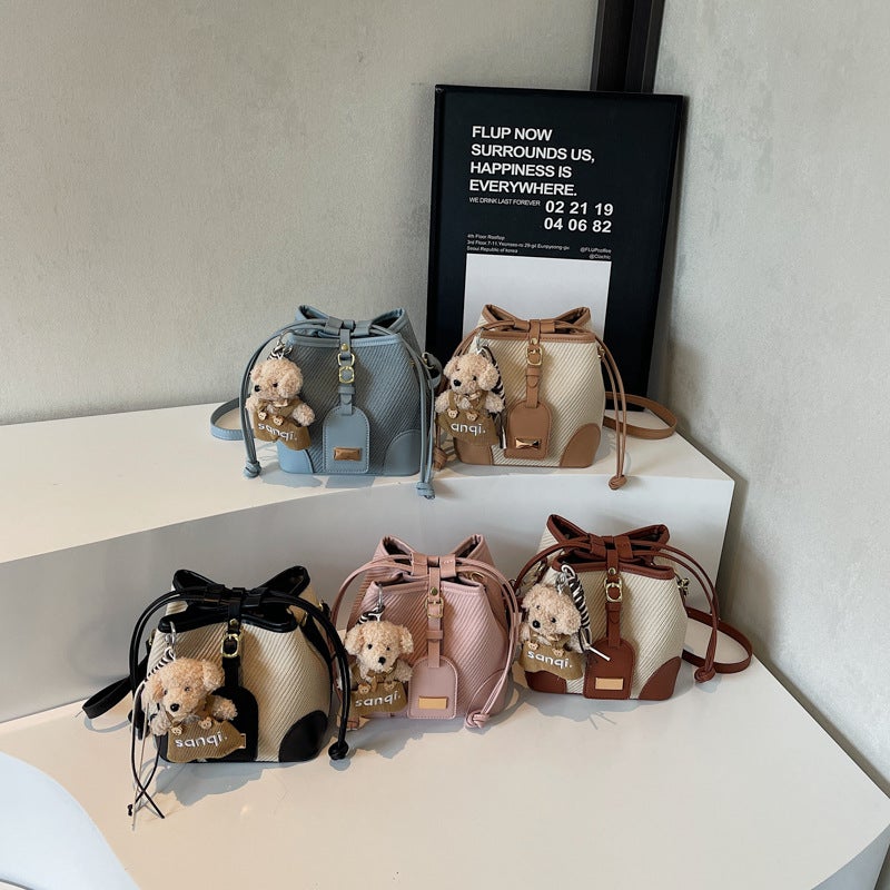 Drawstring Color-Blocking Crossbody Bag Trendy Fashion Korean Bucket Bag Niche Texture Single Shoulder Women'S Bag - Image 3