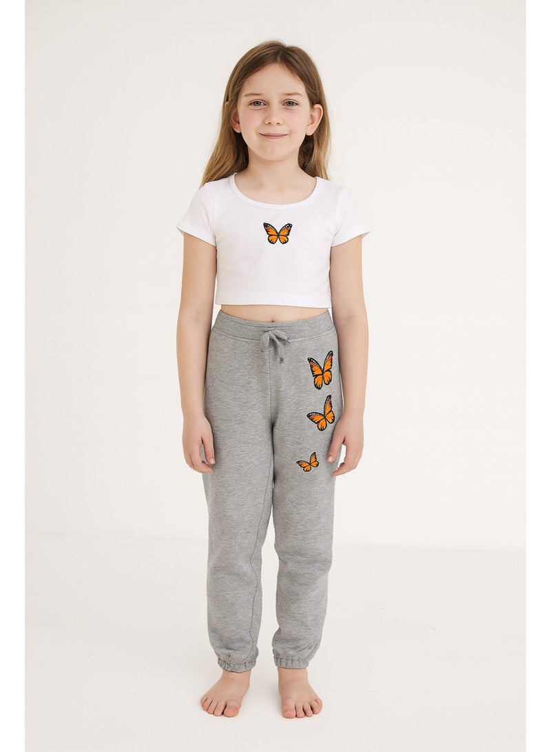 Shein Girls Two-Piece Outfit – Short Sleeve T-Shirt and Jogger Pants with Butterfly Print - Image 1