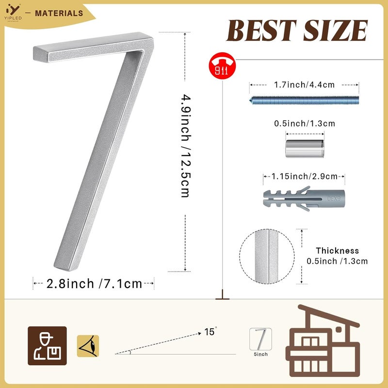 YIPLED 5 Inch House Numbers for Outside, Metal Address Number 7 - Modern Design, Weather-Resistant Silver Powder Coated Finish, No Fading (Silver) - Image 3