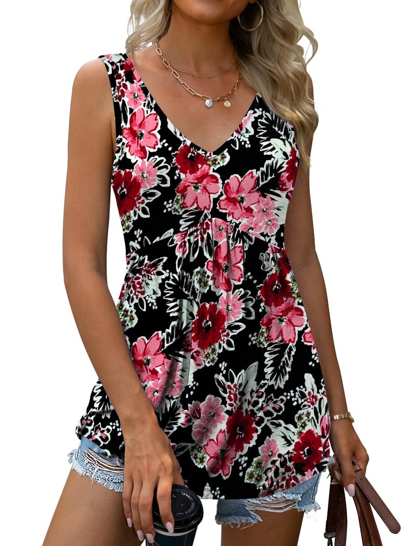 Tencede 2026 Summer Tank Tops for Women Sleeveless V Neck Babydoll Loose Flowy Floral Print Blouse Black Begonia Flower Large - Image 1