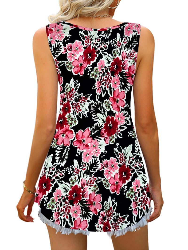 Tencede 2026 Summer Tank Tops for Women Sleeveless V Neck Babydoll Loose Flowy Floral Print Blouse Black Begonia Flower Large - Image 3