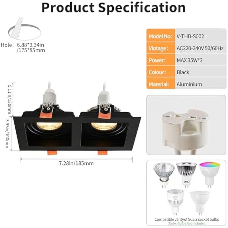 V.nice Two adjustable recessed ceiling spotlights, GU5.3 lamp holder, 30° tilt, bulbs not included, suitable for kitchen and living room. - Image 2