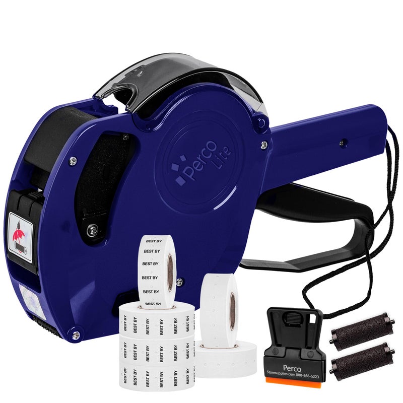 Perco Lite 1 Line Date Gun Kit - Includes 2 White Rolls, 4 Rolls of Best by Labels, 2 Ink Rollers - 1 Ink roll and Labels Pre-Loaded - Image 1