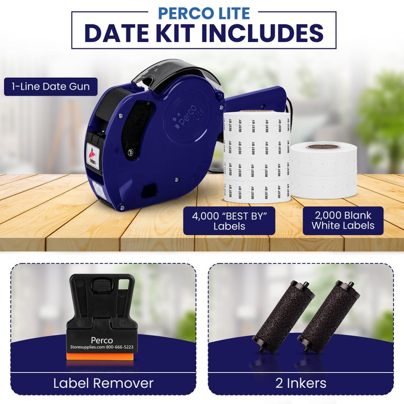 Perco Lite 1 Line Date Gun Kit - Includes 2 White Rolls, 4 Rolls of Best by Labels, 2 Ink Rollers - 1 Ink roll and Labels Pre-Loaded - Image 2