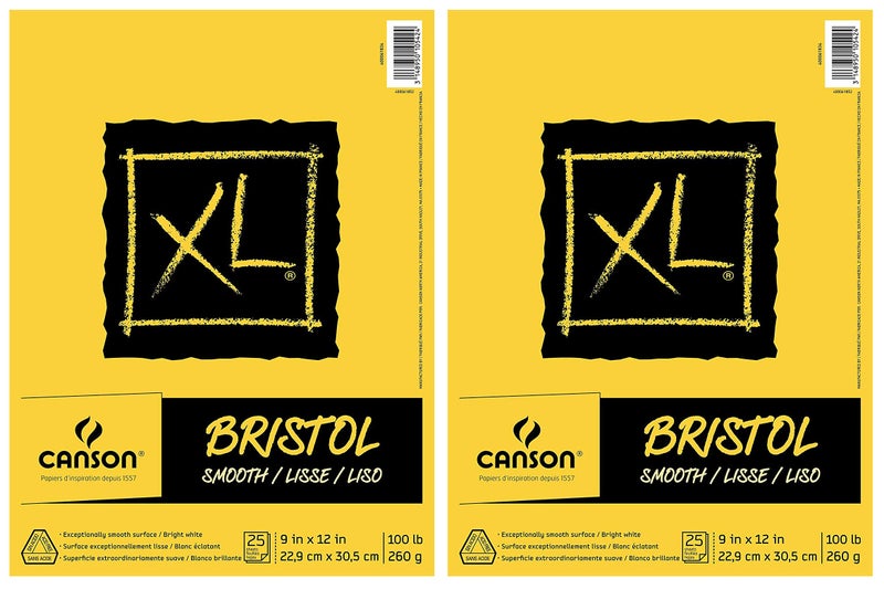 CANSON 2-Pack - Canson XL Series Bristol Pad, Heavyweight Paper for Ink, Marker or Pencil, Smooth Finish, Fold Over, 100 Pound, 9 x 12 inch, Bright White, 25 Sheets