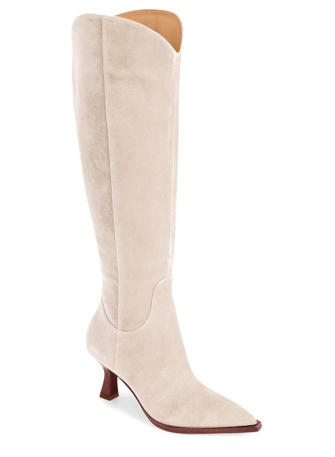 Coutgo Womens Wide Calf Knee High Boots Kitten Heel Pointed Toe Tall Boots Side Zipper Fall Winter Shoes, Beige, 8 - Image 1