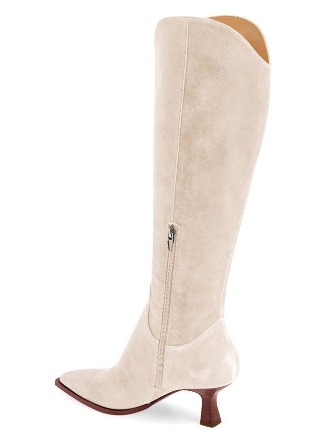 Coutgo Womens Wide Calf Knee High Boots Kitten Heel Pointed Toe Tall Boots Side Zipper Fall Winter Shoes, Beige, 8 - Image 5